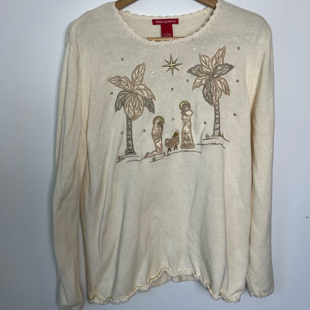 Woman's Cream Sweater Nativity Scene Embroidery Ugly Christmas Size Large